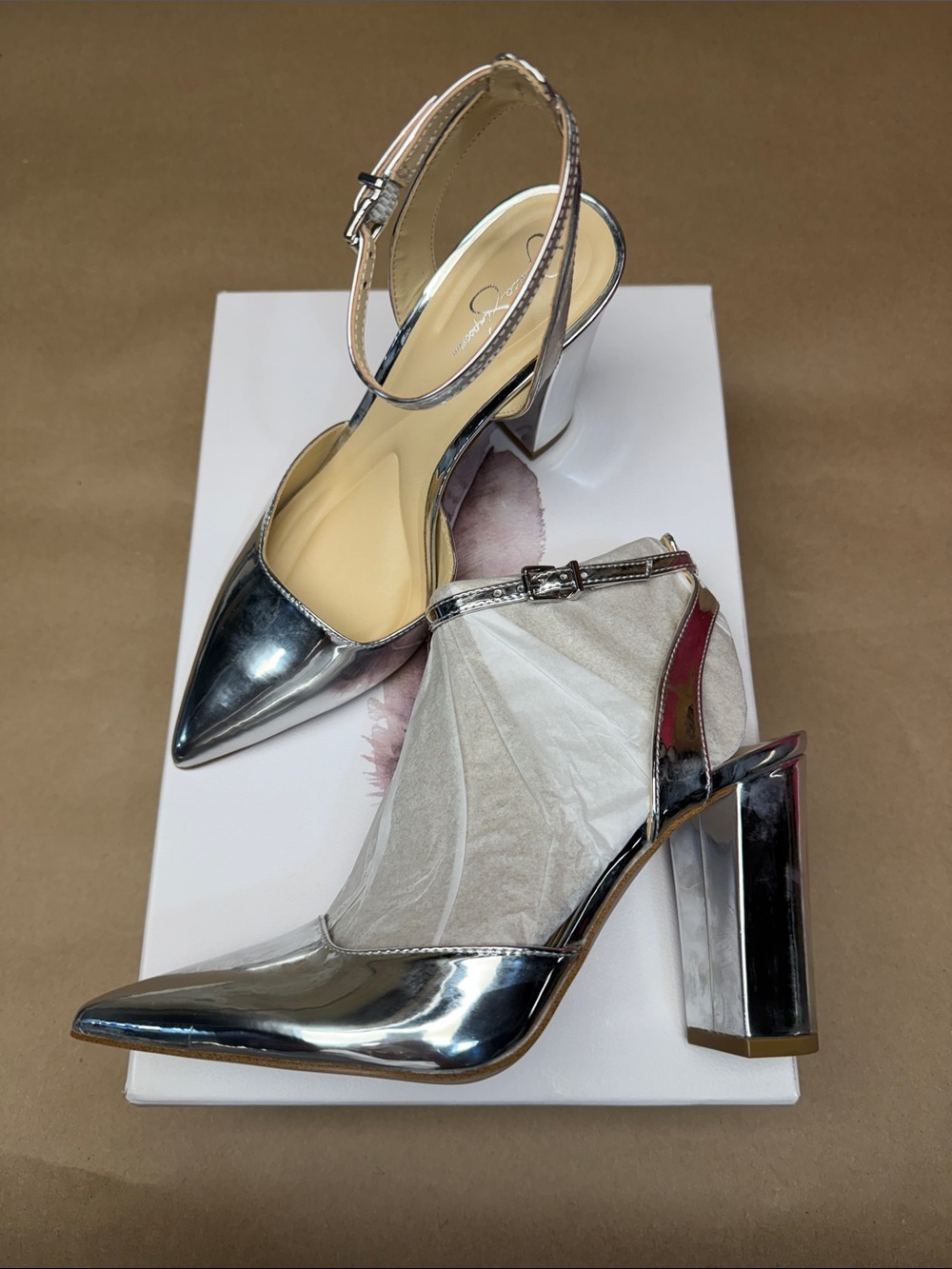 Jessica Simpson Metallic Silver Pointed-Toe Ankle-Strap Block Heels